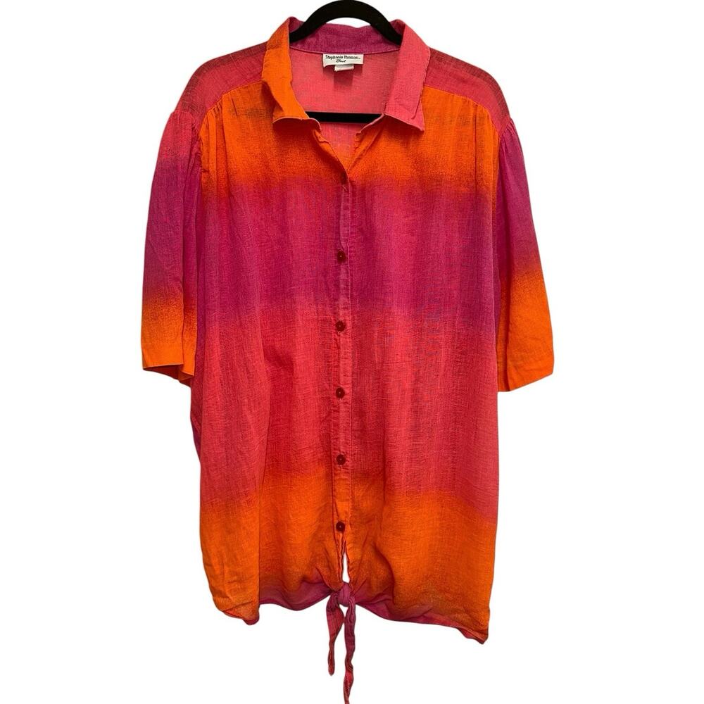 Vintage Stephanie Thomas Sport Tie Front Blouse Size 18 Pink Orange Ombre Cotton